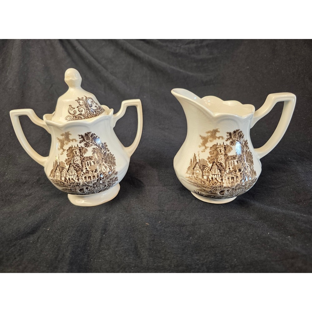 J&G Meakin Stratford Stage Brown Transferware Sugar Bowl and Creamer Set England